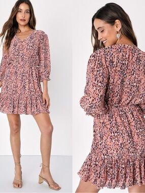Lulu's Pink Speckled V-Neck Ruffle Mini Dress